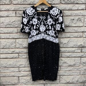 Vintage Swee Lo Women's Art Deco Evening Dress Sz 12 14 Small Black White Sequin